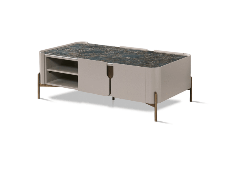 Bàn trà luxury BT8808-13 được chụp từ góc nghiêng phía trước, nổi bật với mặt đá phiến màu xanh đen vân trắng sang trọng…