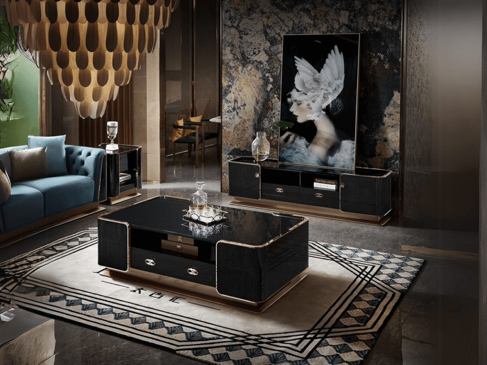 Bàn trà luxury BTGD03-16 đặt trong bối cảnh phòng khách sang trọng, tạo nên tổng thể hài hòa. Bàn trà mặt kính đen, thân g…