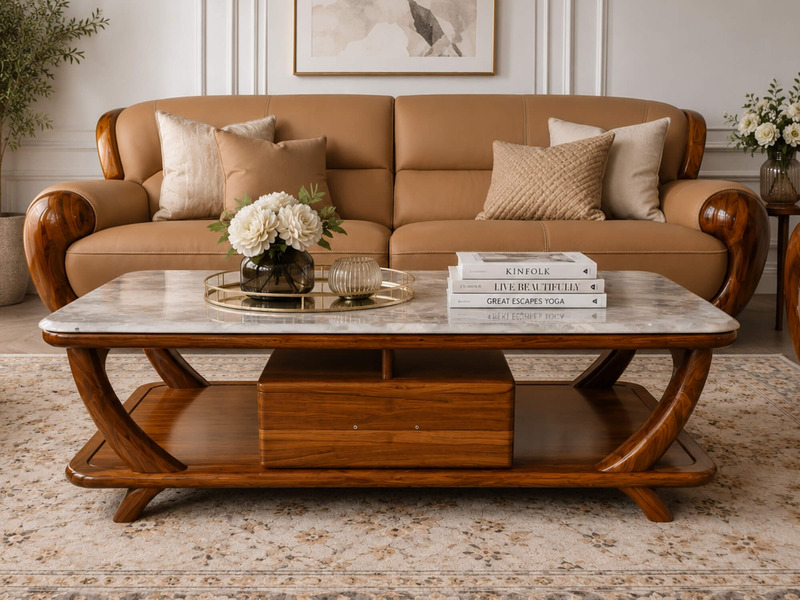 Bàn trà ARCO BTW01 đặt giữa phòng khách với sofa da màu nâu và thảm trải sàn họa tiết. Góc chụp rộng cho thấy tổng thể bàn…