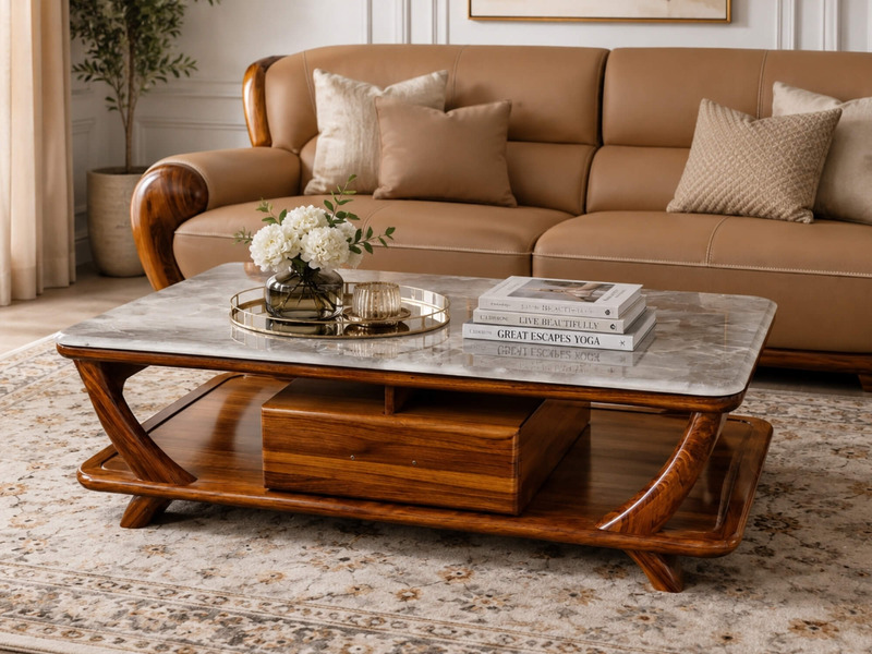 Bàn trà ARCO BTW01 đặt trước bộ sofa da màu nâu sáng trong phòng khách. Góc chụp cận cảnh làm nổi bật mặt đá Siêu pha lê v…