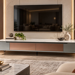Kệ Tivi SIENNA DJ9230-20 được đặt trong một phòng khách hiện đại, sang trọng. Góc chụp toàn cảnh cho thấy kệ màu xám xanh…