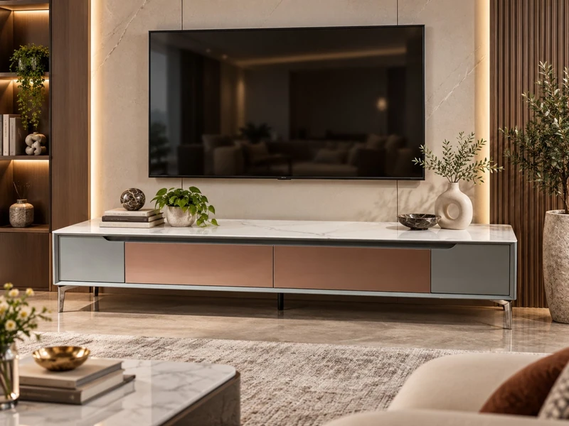 Kệ Tivi SIENNA DJ9230-20 được đặt trong một phòng khách hiện đại, sang trọng. Góc chụp toàn cảnh cho thấy kệ màu xám xanh…