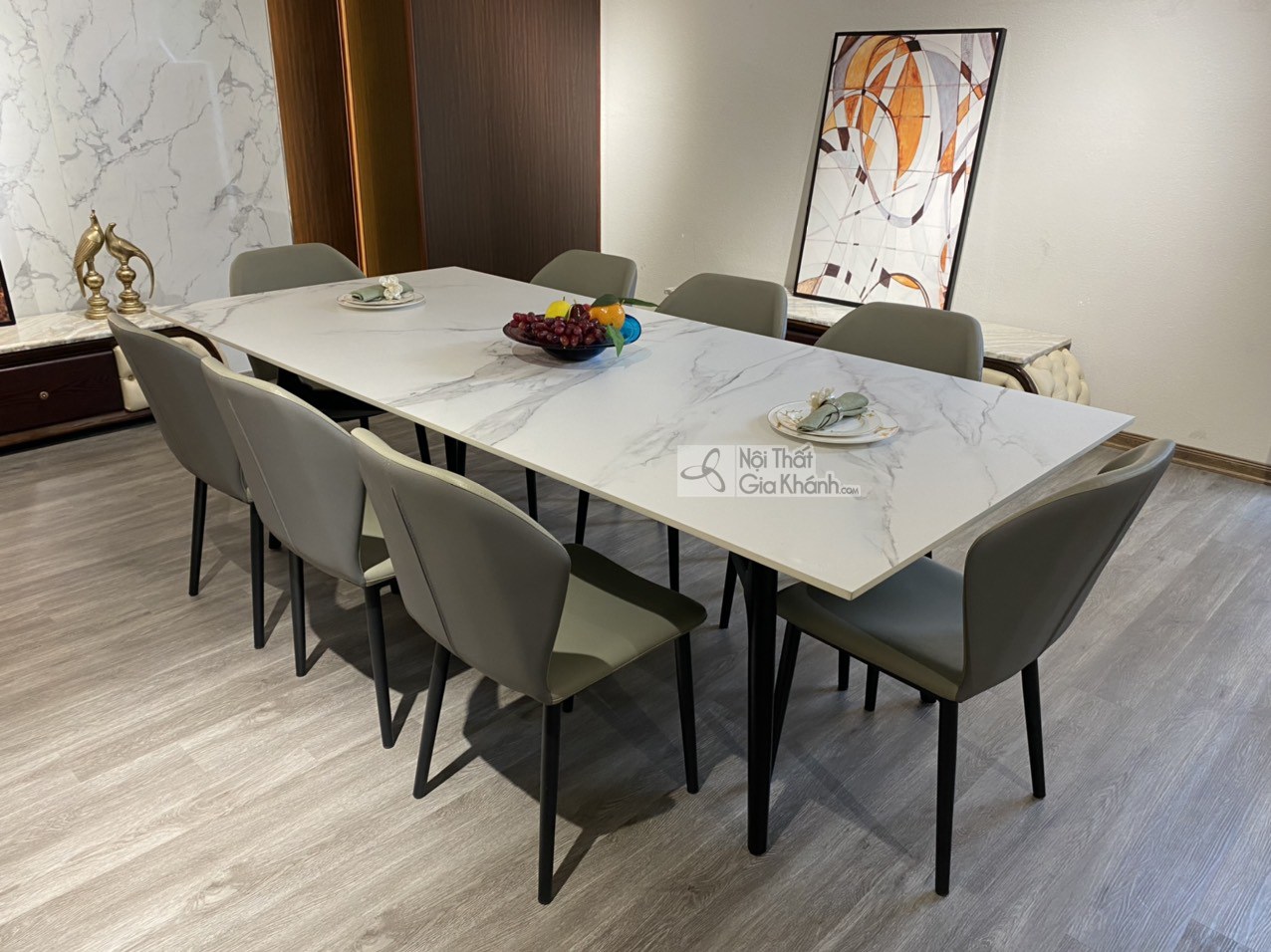 Bàn ăn 8 ghế hình chữ nhật cỡ lớn khung gỗ Sồi Trắng mặt đá nhân tạo BA820-1