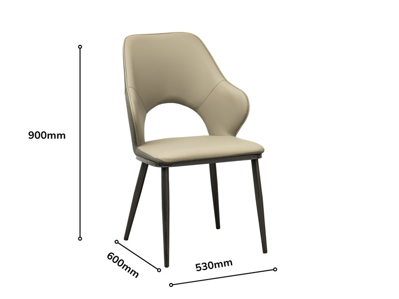 Một ghế ăn của bộ BA934 chụp chính diện, hiển thị rõ kích thước chiều cao 900mm và chiều rộng 530mm. Ghế bọc da màu be, ch…