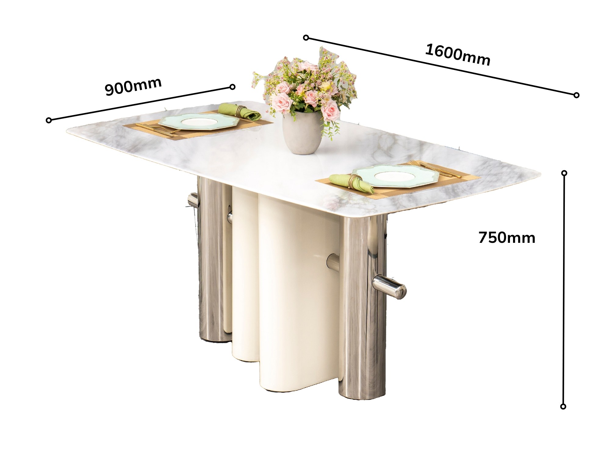 Bàn ăn mặt đá BAC14-16 được minh họa với các kích thước chi tiết: chiều dài 1600mm, chiều rộng 900mm, và chiều cao 750mm…