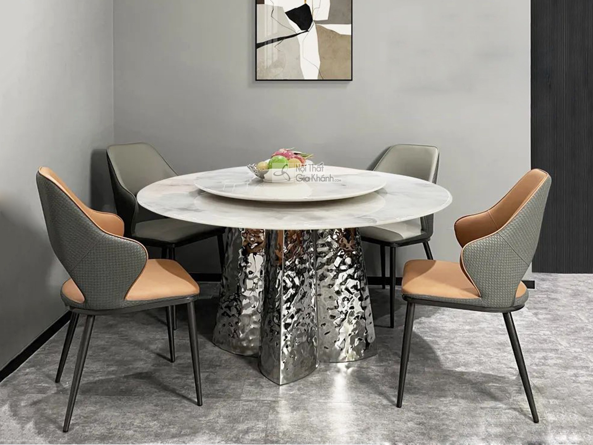 Bàn ăn tròn 1m4 mặt đá Marble trắng BA10-14-2 chân 3 cạnh
