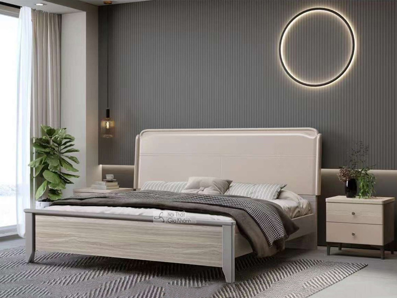 Giường ngủ hiện đại BA-5-1 và tủ đầu giường được chụp chính diện trong không gian phòng ngủ tối giản. Giường có khung và đ…