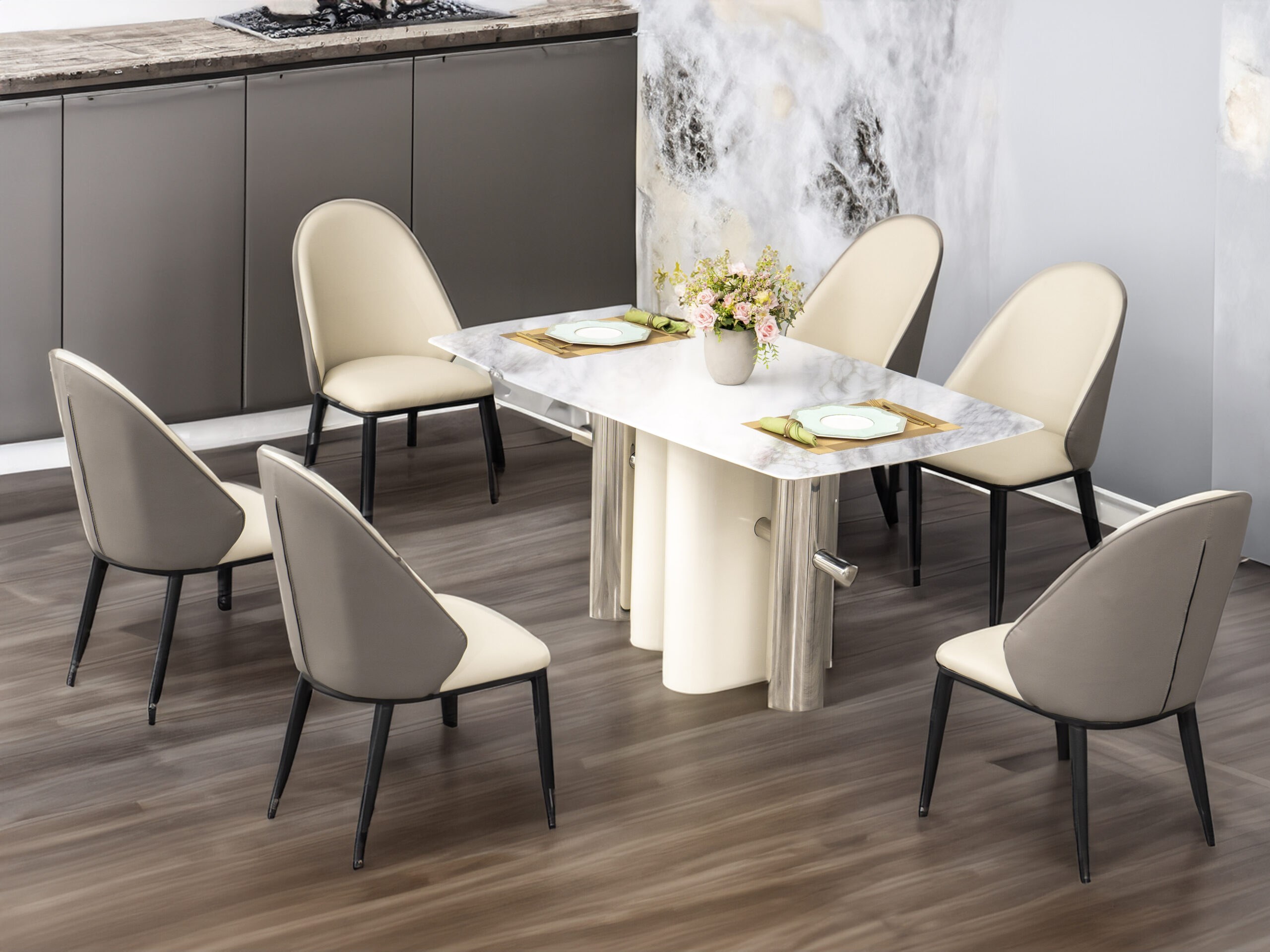 Bộ bàn ăn CELESTIA 6 ghế, chụp góc nghiêng trong không gian bếp hiện đại, mặt đá tinh thể trắng vân xám và chân trụ tròn m…