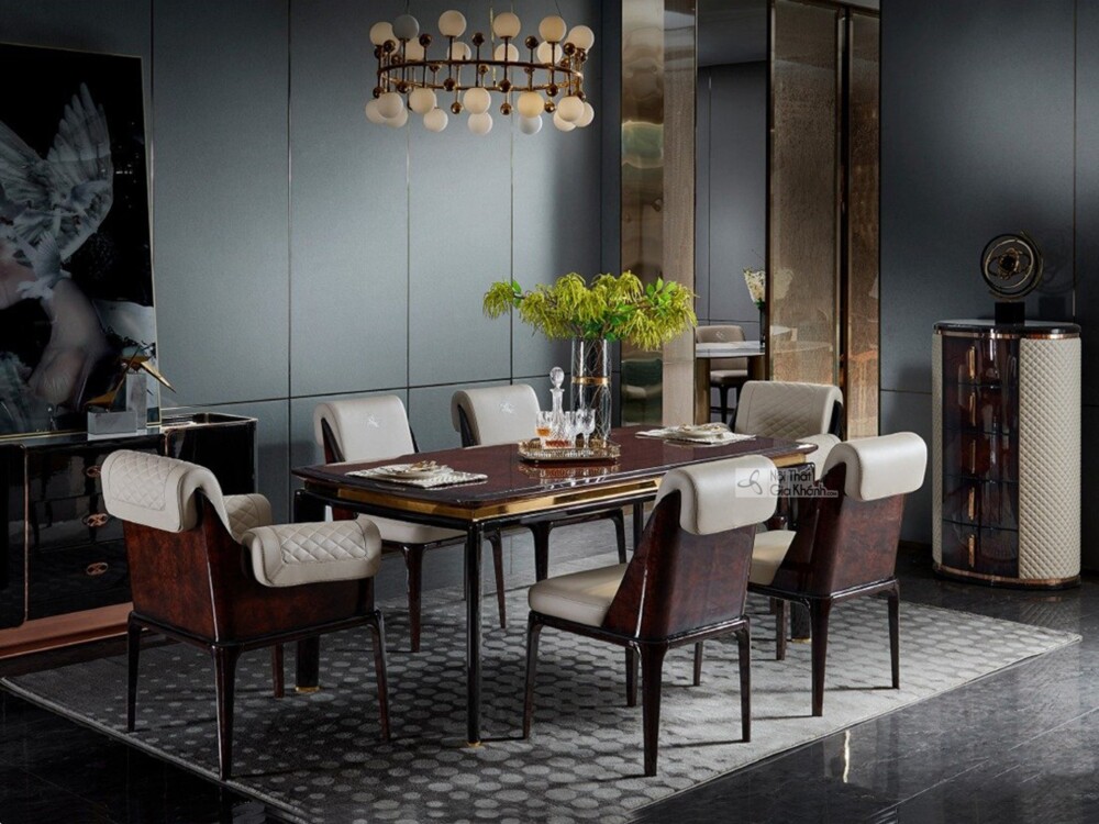 Toàn cảnh bộ bàn ăn BAGD03-20 và 6 ghế ăn trong không gian phòng ăn phong cách luxury. Bàn ăn mặt gỗ Đàn Hương Đỏ màu nâu…