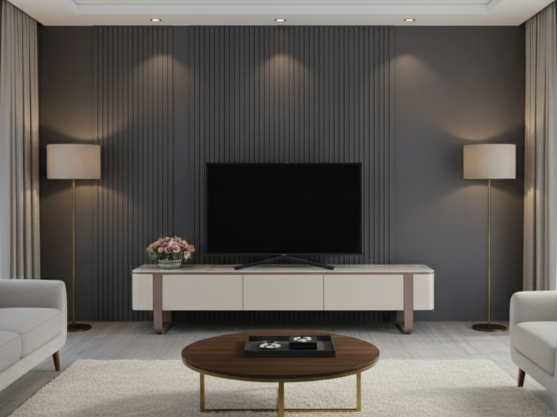 Kệ tivi KTKD8221-20 đặt trong phòng khách có tông màu xám chủ đạo, với tivi treo tường, sofa và bàn trà tròn. Kệ có mặt đá…