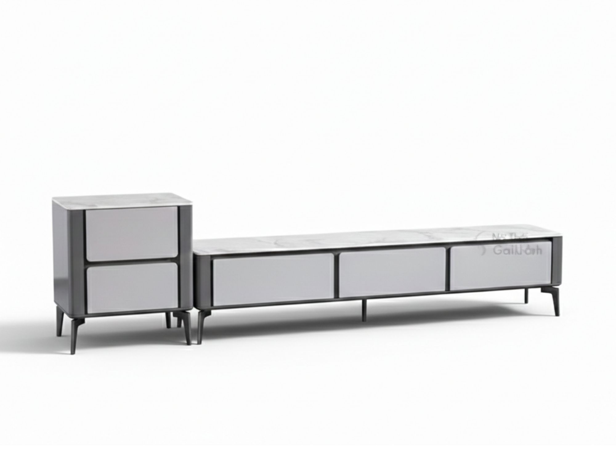 Bộ kệ tivi KTKD913-200-2 và tủ đứng đồng bộ, chụp góc nghiêng trên nền trắng tinh. Kệ tivi dài với ba ngăn kéo màu xám ghi…