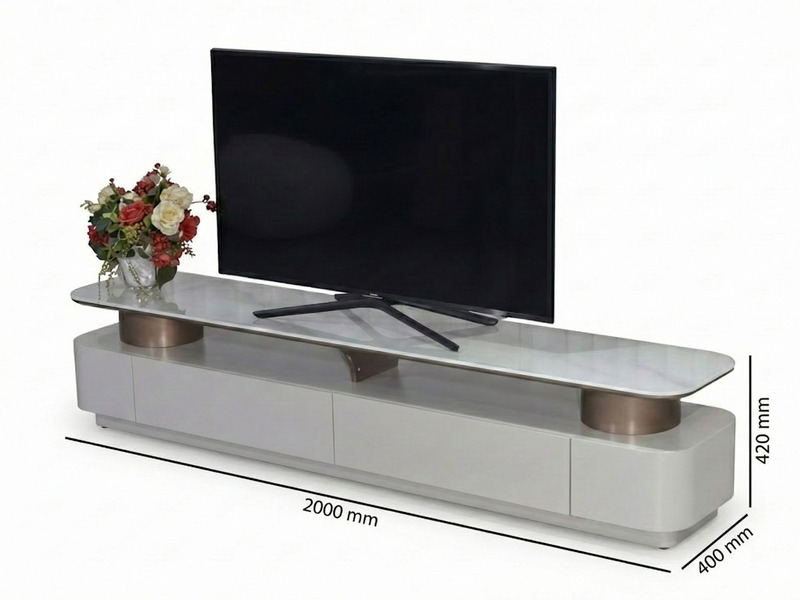 Kệ tivi KTKD8630-20 được chụp với các chú thích kích thước rõ ràng: chiều dài 2000 mm, chiều rộng 400 mm và chiều cao 420…