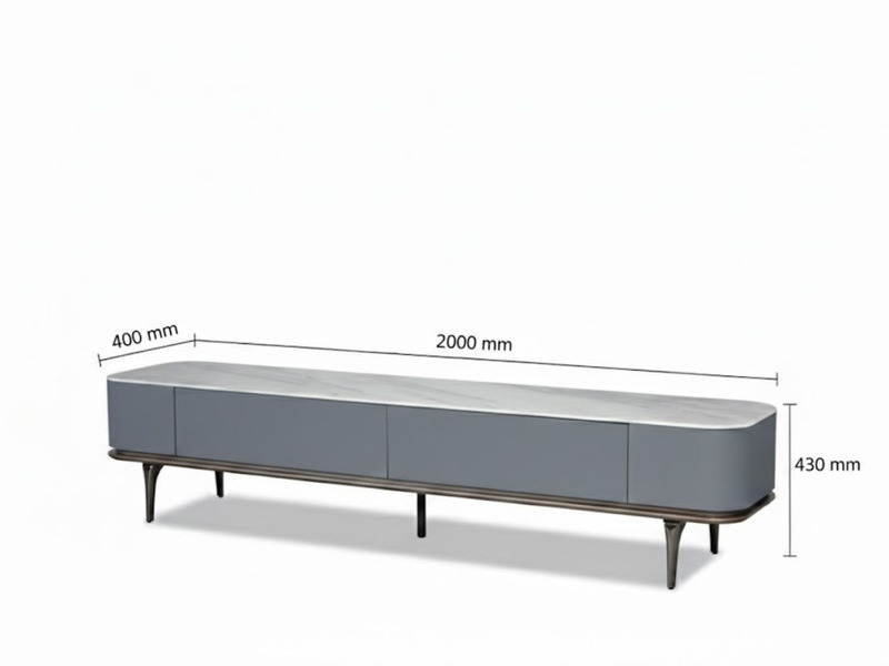 Hình ảnh minh họa kích thước chi tiết của kệ tivi KTKD9860-20 trên nền trắng. Kệ có chiều dài 2000mm, chiều rộng 400mm và…