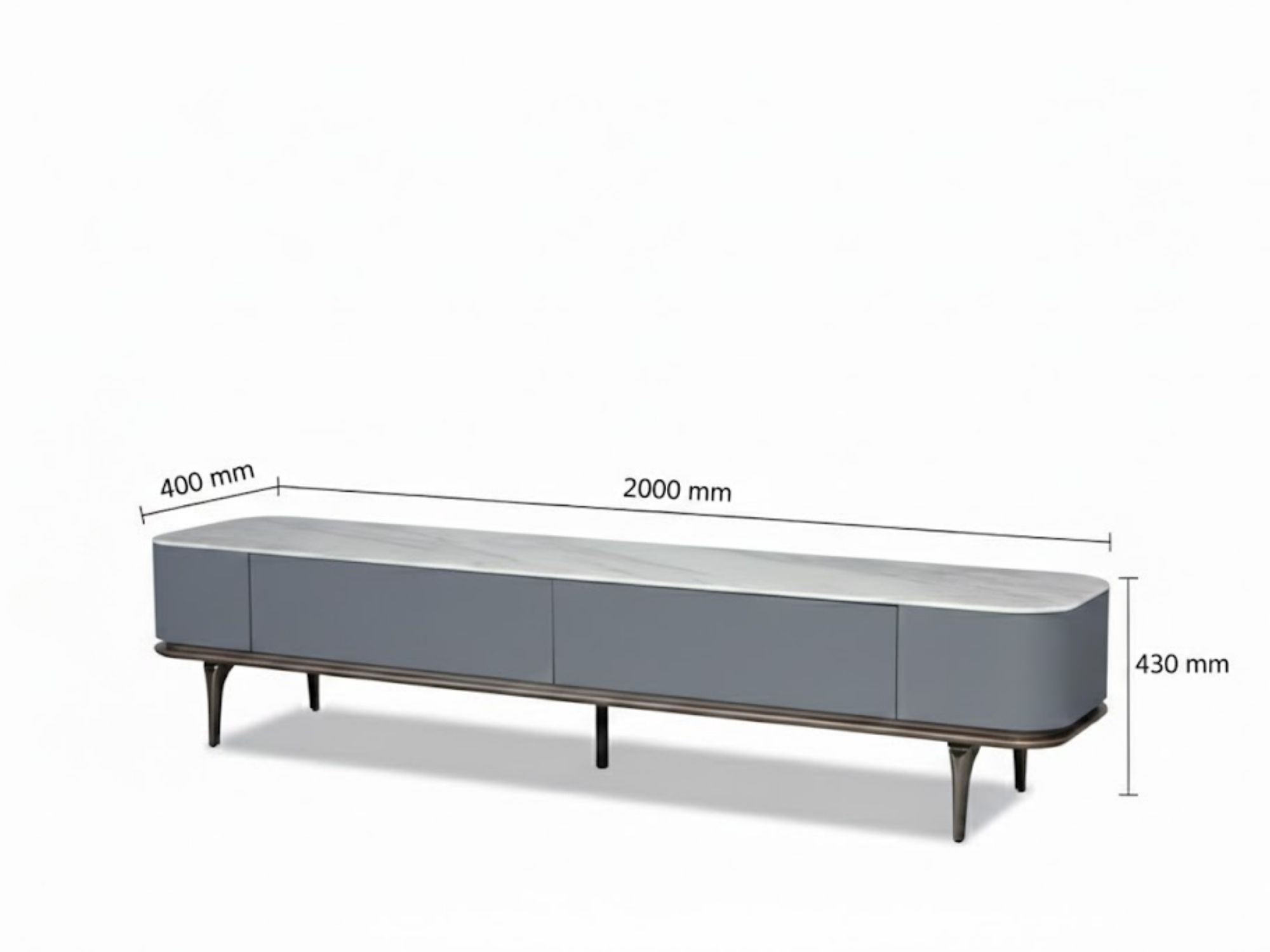 Hình ảnh minh họa kích thước chi tiết của kệ tivi KTKD9860-20 trên nền trắng. Kệ có chiều dài 2000mm, chiều rộng 400mm và…