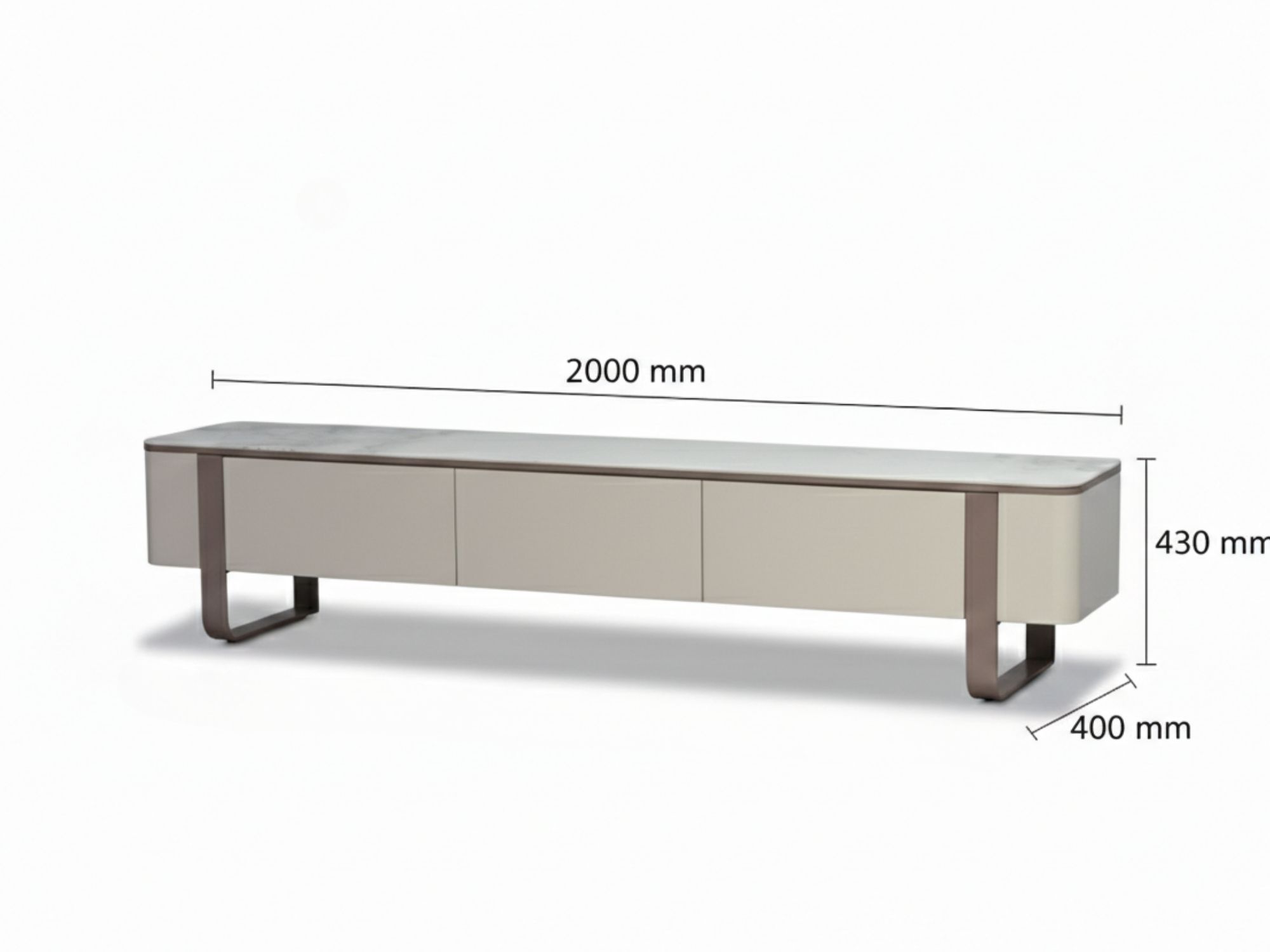 Hình ảnh kỹ thuật của kệ tivi KTKD8221-20 với các thông số kích thước rõ ràng: dài 2000mm, rộng 400mm, cao 430mm. Kệ có mặ…