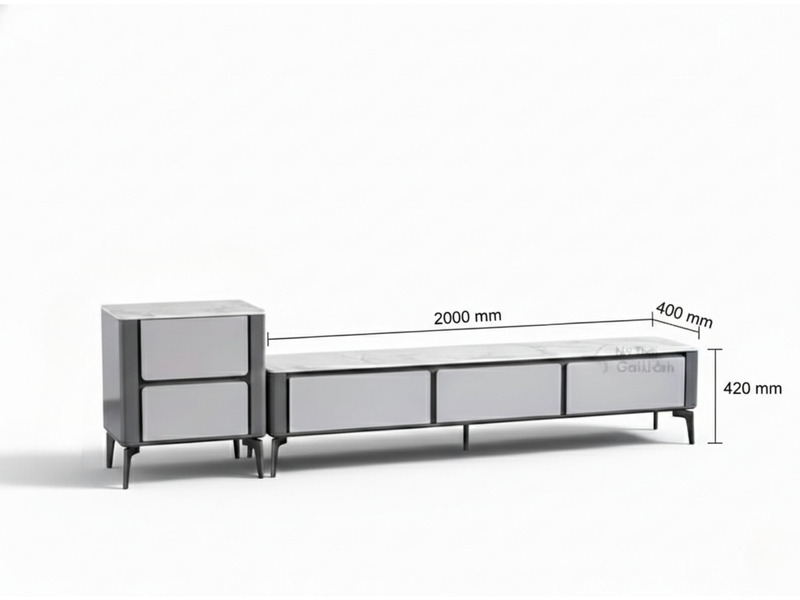Kệ tivi KTKD913-200-2 màu xám ghi với mặt đá phiến vân trắng, hiển thị rõ kích thước tổng thể 2000x400x420 mm. Hình ảnh mi…