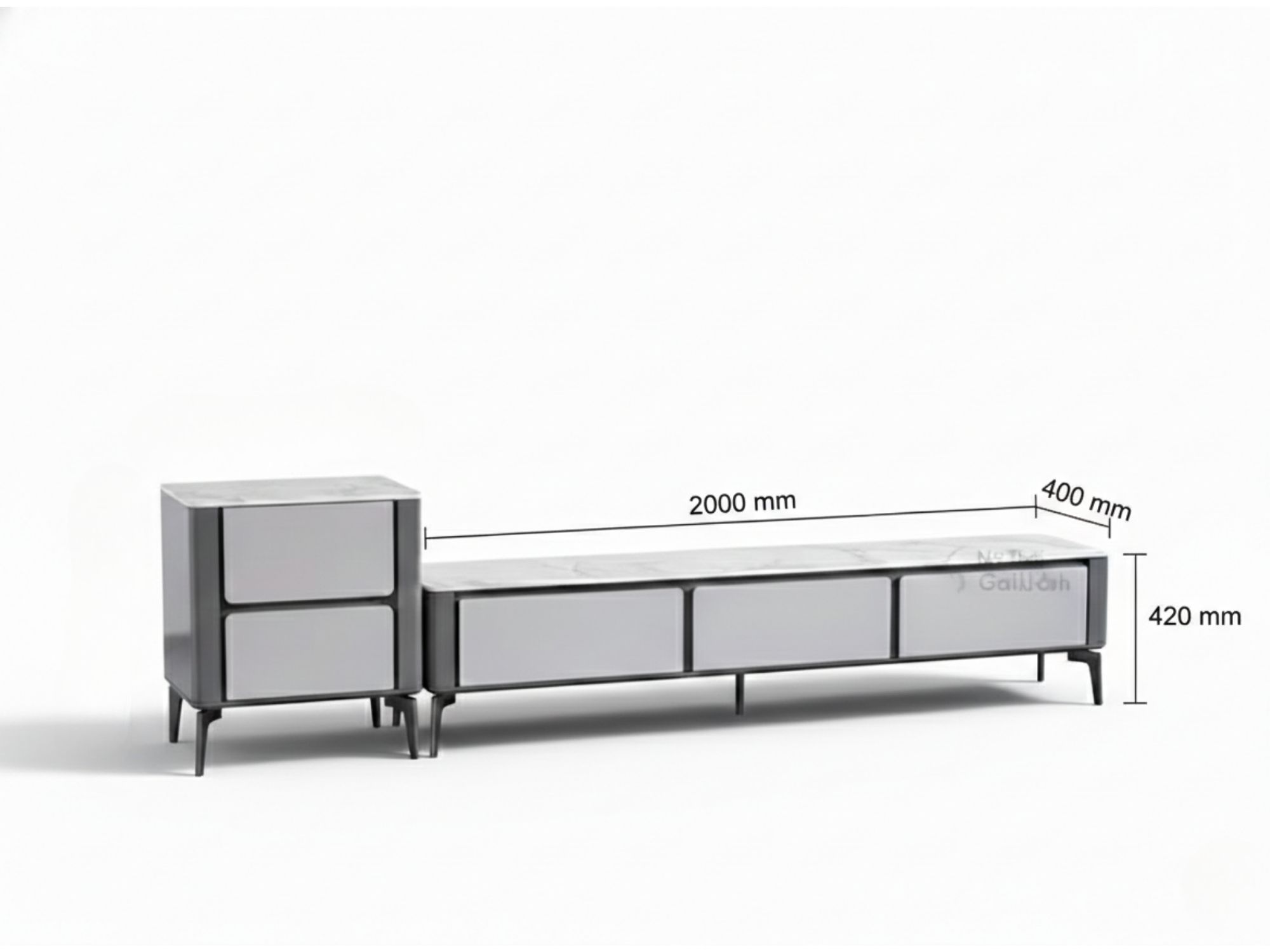 Kệ tivi KTKD913-200-2 màu xám ghi với mặt đá phiến vân trắng, hiển thị rõ kích thước tổng thể 2000x400x420 mm. Hình ảnh mi…