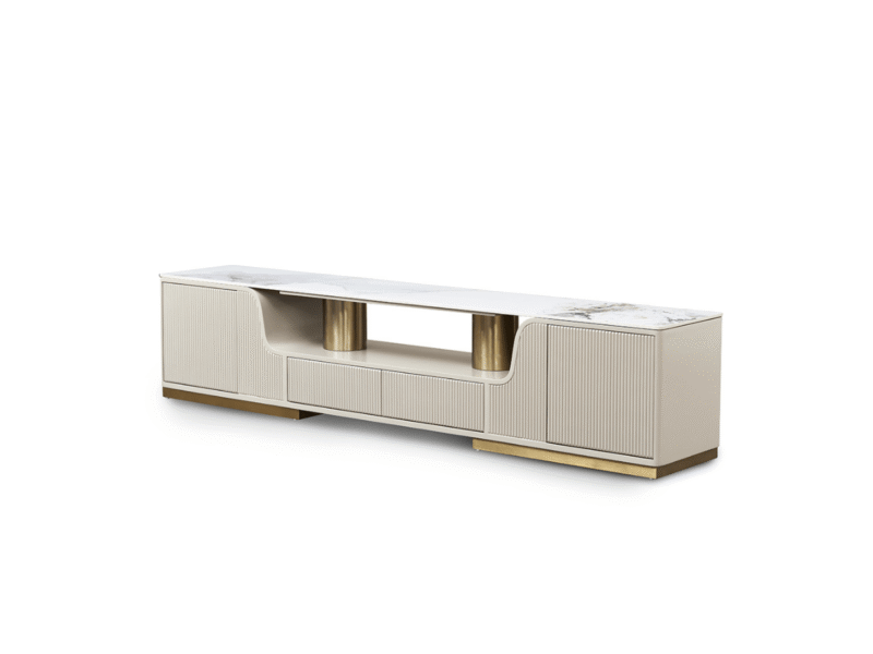 Kệ tivi mặt đá Luxury KT8829-22 được chụp góc nghiêng 3/4, nổi bật với thiết kế hiện đại và sang trọng. Kệ có màu kem nhạt…
