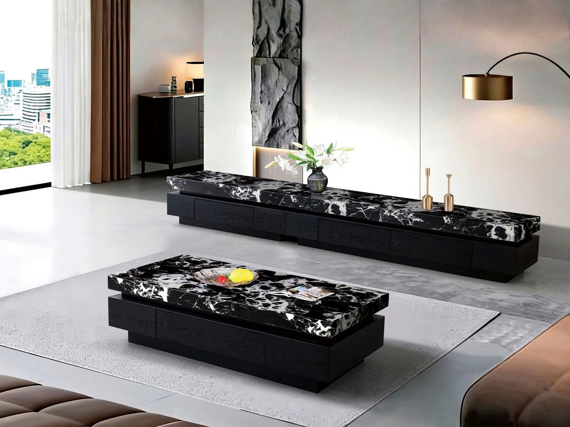 Ảnh chụp tổng thể bộ bàn trà và kệ tivi Y25-14/18 đặt trong không gian phòng khách hiện đại. Bàn trà hình chữ nhật với mặt…
