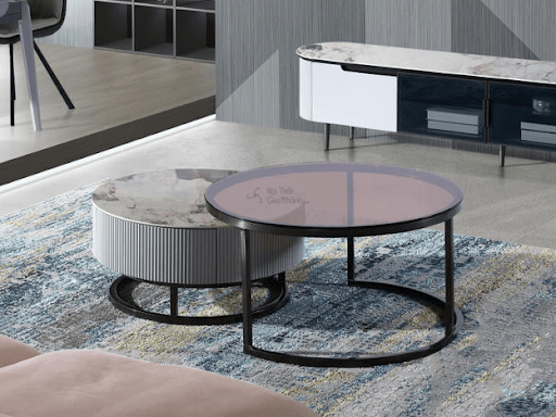 Bàn trà sofa gỗ hình tròn đôi mặt đá granite sang trọng phòng khách