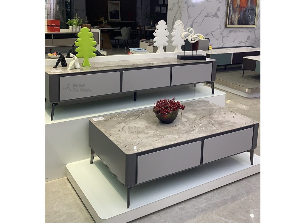 Combo bàn trà và kệ tivi mặt đá đồng bộ cho phòng khách hiện đại
