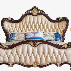 Giường ngủ tân cổ điển GIB08-18 chụp chính diện, nổi bật phần đầu và đuôi giường bọc da màu kem với các nút rút múi sang t…