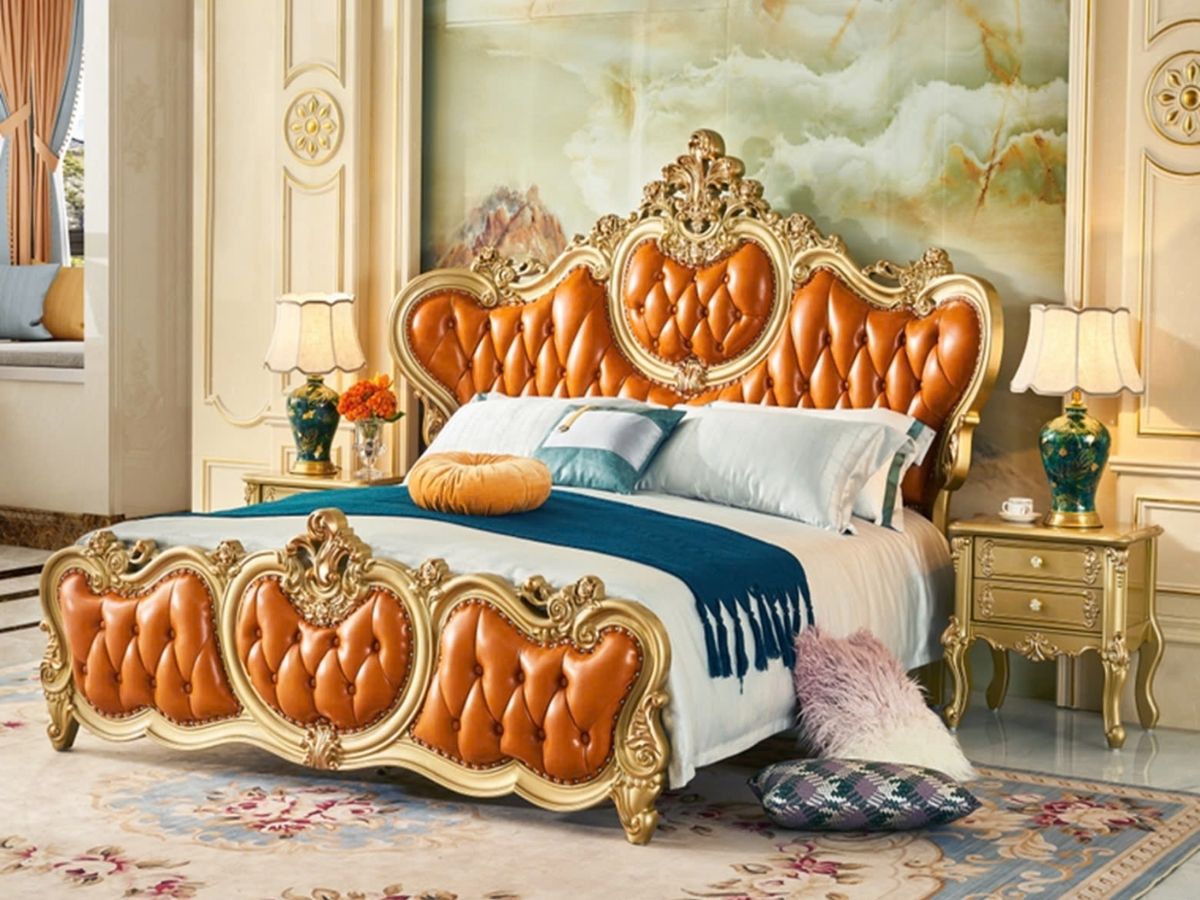Giường tân cổ điển GIB12-18 đầu giường và đuôi giường bọc da cam chần nút, khung chạm khắc phủ màu vàng