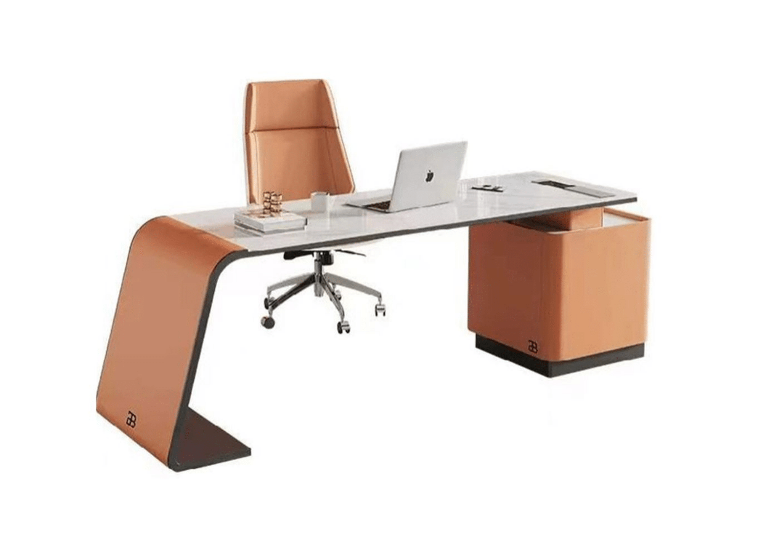 Bộ bàn làm việc và ghế xoay phong cách luxury được chụp từ góc chếch phía trước, trên nền trắng. Bàn có mặt đá trắng tinh…