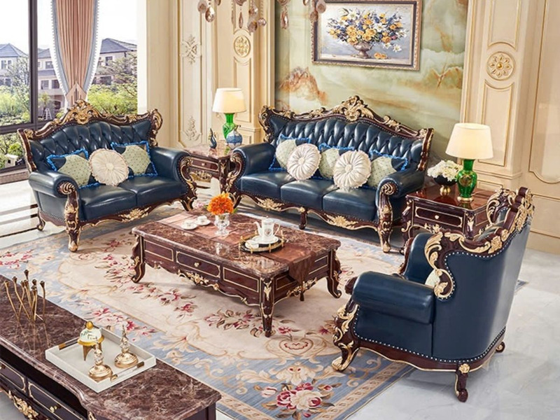 Bộ sofa tân cổ điển SB932-123 chụp từ góc trên cao, gồm một sofa băng ba, một băng đôi và một ghế đơn, bọc da xanh đậm. Kh…