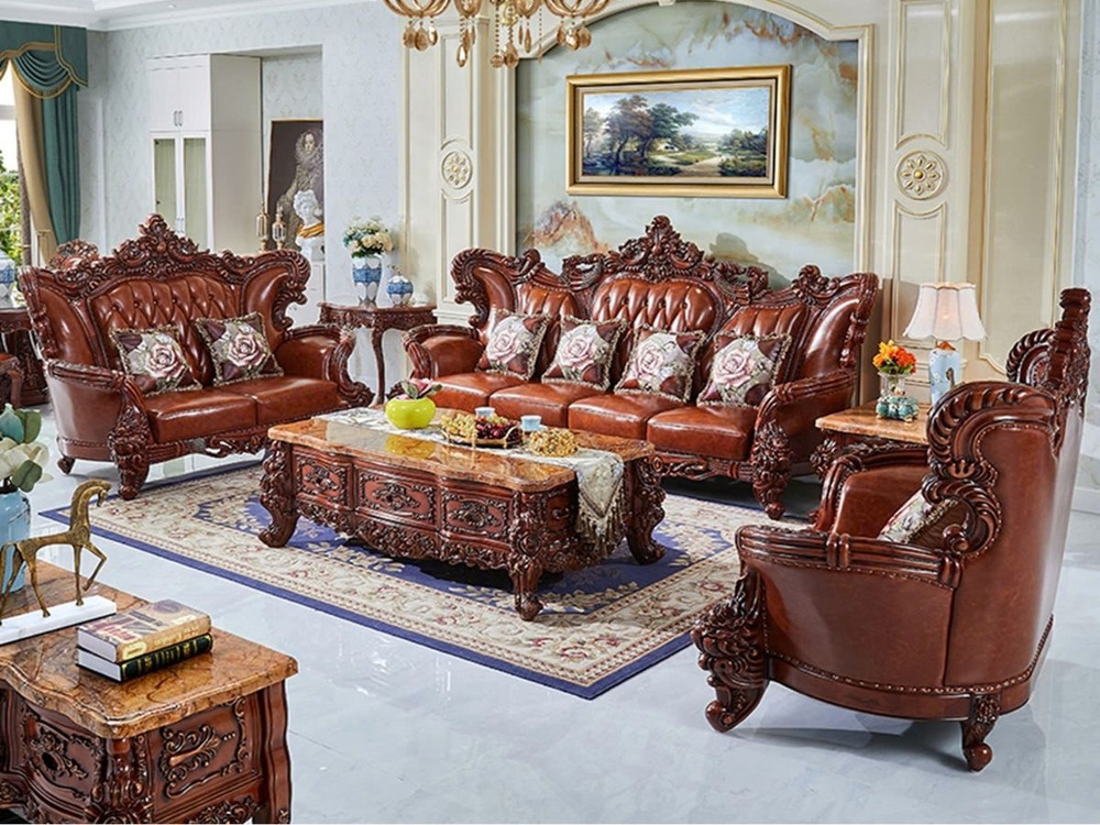 Toàn cảnh bộ sofa tân cổ điển SB960-123 đặt trong phòng khách sang trọng, gồm một ghế đơn, một ghế đôi và một ghế ba, cùng…