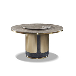 Bàn ăn tròn BAQT166-150 được chụp chính diện trên nền trắng, nổi bật với mặt đá phiến màu nâu xám vân tự nhiên và mâm xoay…