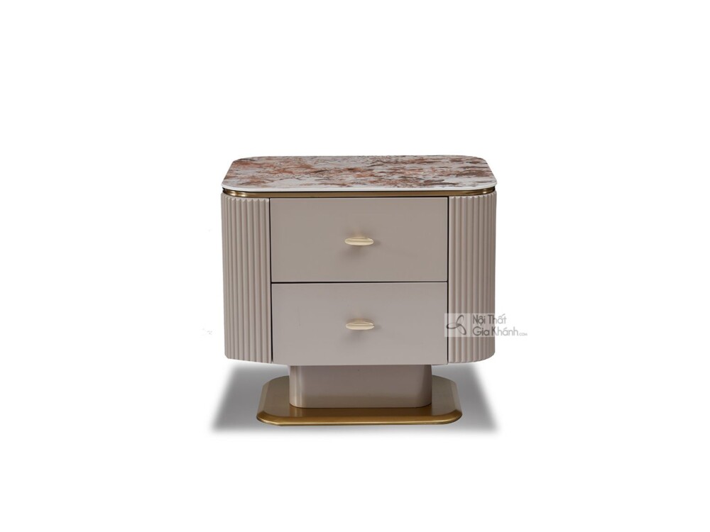Hình ảnh trực diện của tủ đầu giường TA8801, thể hiện rõ thiết kế hai ngăn kéo và các đường rãnh dọc trang trí tinh tế ở h…