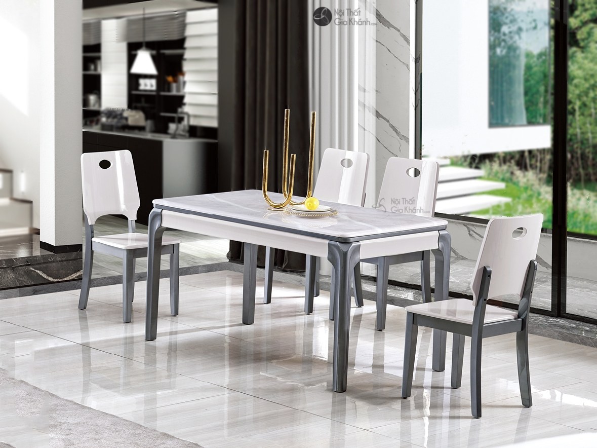 Bộ bàn ăn gỗ công nghiệp BA135 phong cách tối giản mặt đá vân mây