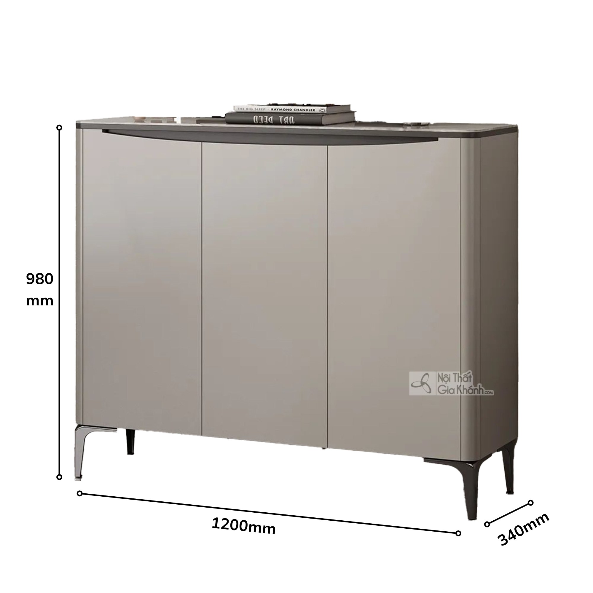 Hình ảnh minh họa tủ giày TD3103 từ góc chính diện, hiển thị rõ ràng các kích thước chi tiết: chiều dài 1200mm, chiều sâu…