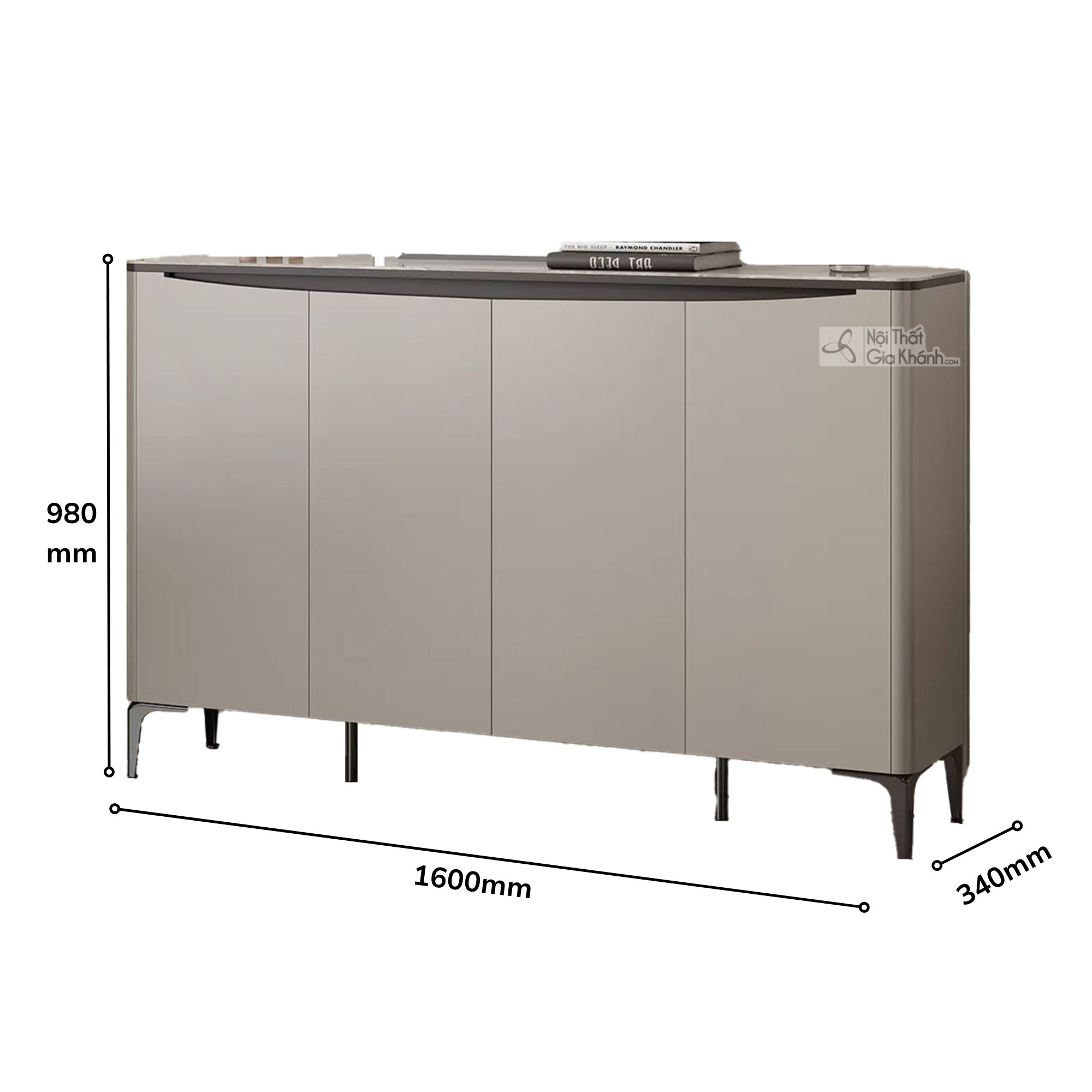 Hình ảnh tổng thể tủ giày TD3105 màu nâu xám nhạt, chụp chính diện, hiển thị rõ các kích thước dài 1600mm, rộng 340mm và c…