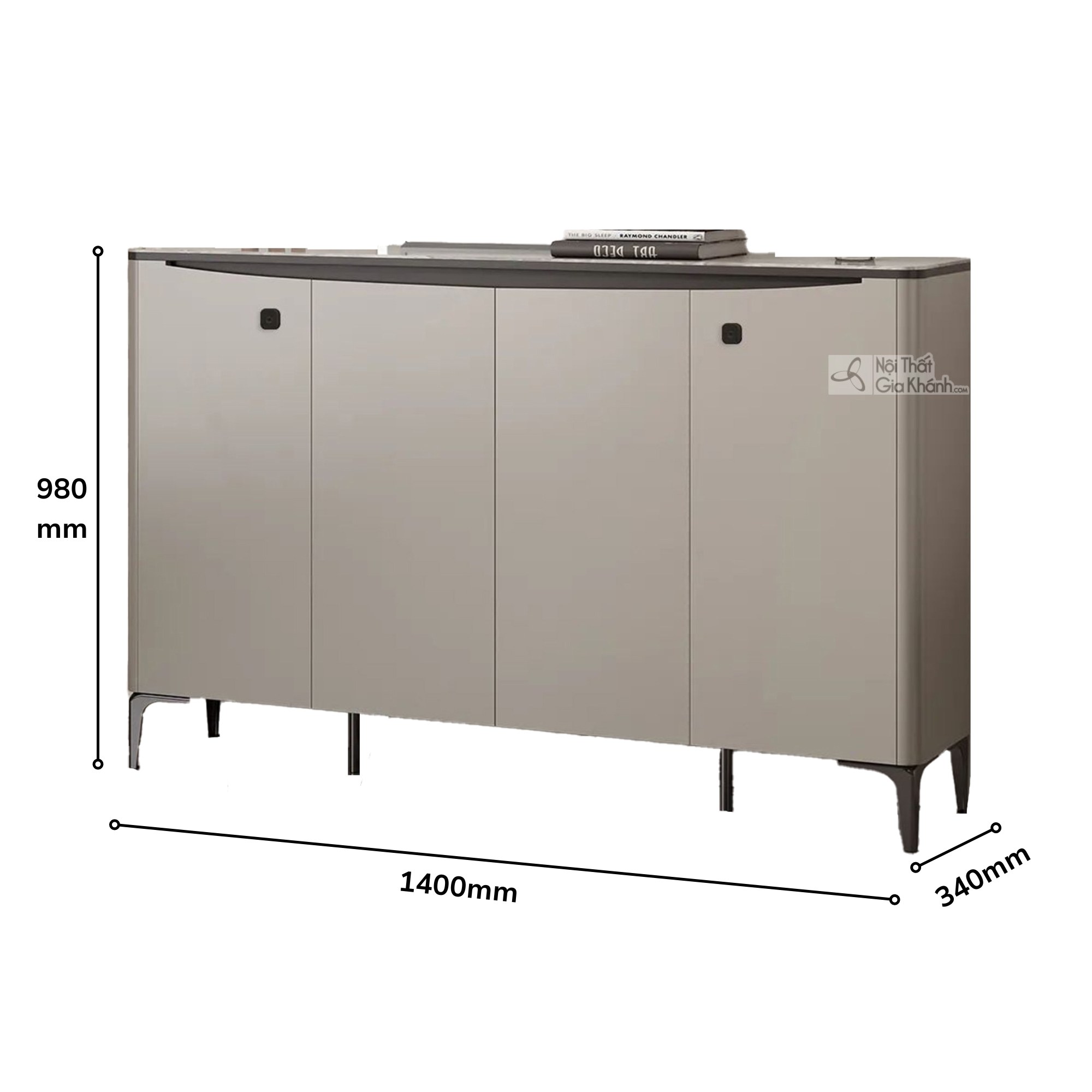 Hình ảnh phối cảnh 3D của tủ giày TD3104 màu nâu nhạt, hiển thị rõ các kích thước chiều dài 1400mm, chiều rộng 340mm và ch…