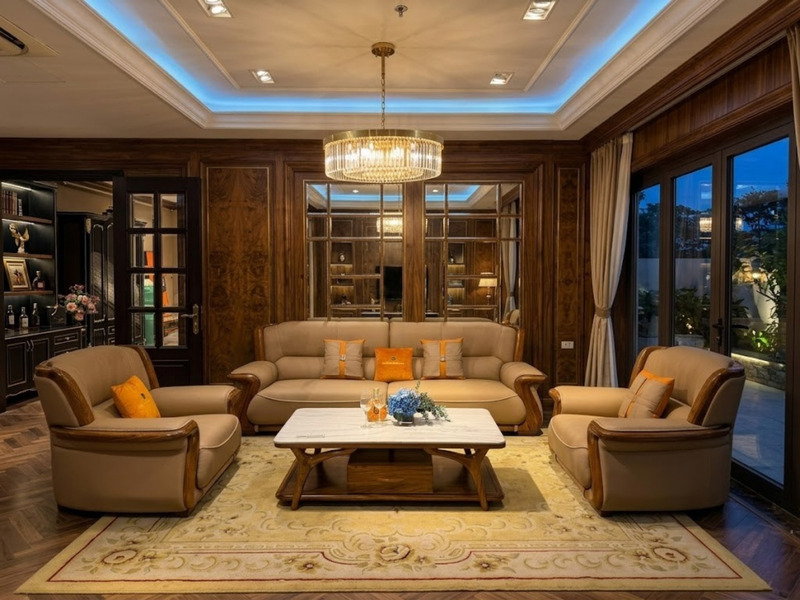 Toàn cảnh bộ sofa hiện đại SB8312 trong phòng khách sang trọng, nhìn từ góc rộng hơn. Bộ sofa gồm một ghế băng dài và hai…