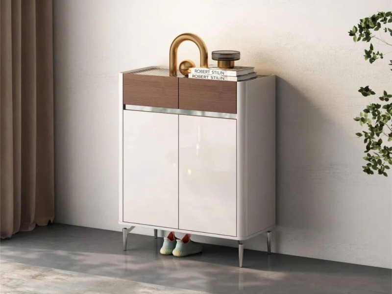 Tủ giày hiện đại TDY301 được chụp chính diện, hơi chếch sang phải, nổi bật với thiết kế tối giản. Tủ có hai cánh màu trắng…