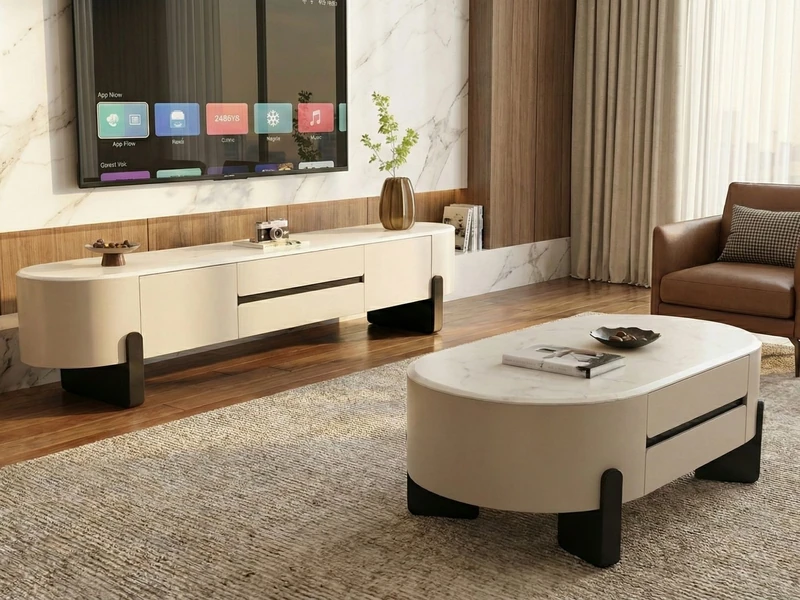 Bộ bàn trà và kệ tivi mã 2509 được đặt trong không gian phòng khách hiện đại. Kệ tivi dài, mặt đá vân trắng, thân màu kem…