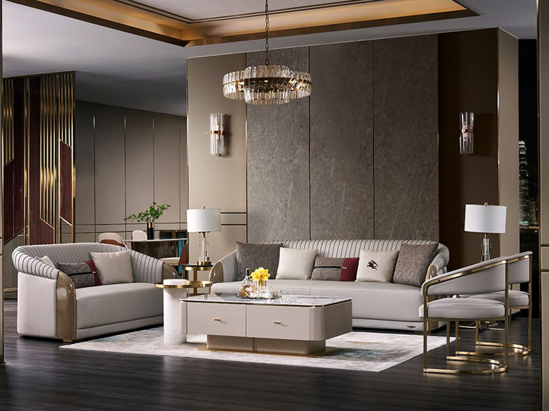 Toàn cảnh bộ sofa phòng khách luxury SBQ618-1123 gồm một sofa băng 2, một sofa băng 3 và hai ghế đơn, đặt trong không gian…