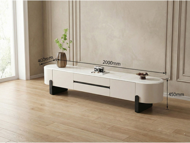 Kệ tivi hiện đại được chụp từ góc nghiêng, hiển thị kích thước chiều dài 2000mm, chiều rộng 400mm và chiều cao 450mm. Kệ c…