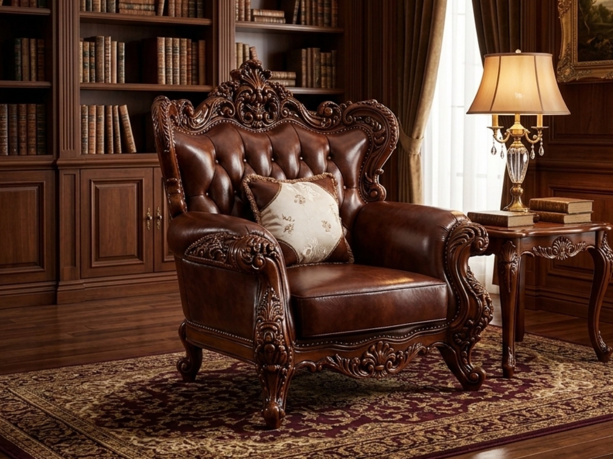 Cận cảnh ghế sofa đơn SB919GG-123 phong cách tân cổ điển, bọc da bò tự nhiên màu nâu đậm với các nút rút tinh tế ở lưng gh…