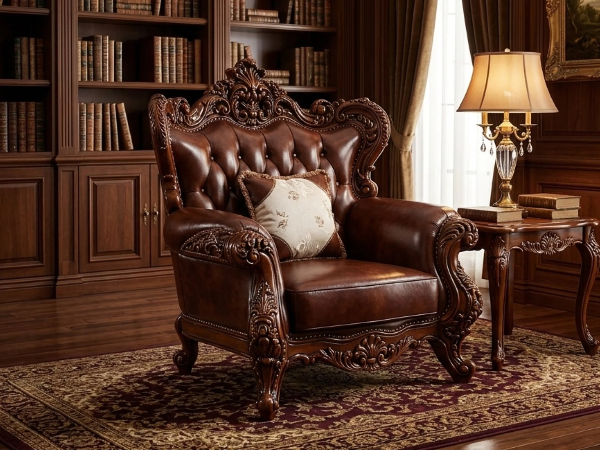 Cận cảnh ghế sofa đơn SB919GG-123 phong cách tân cổ điển, bọc da bò tự nhiên màu nâu đậm với các nút rút tinh tế ở lưng gh…