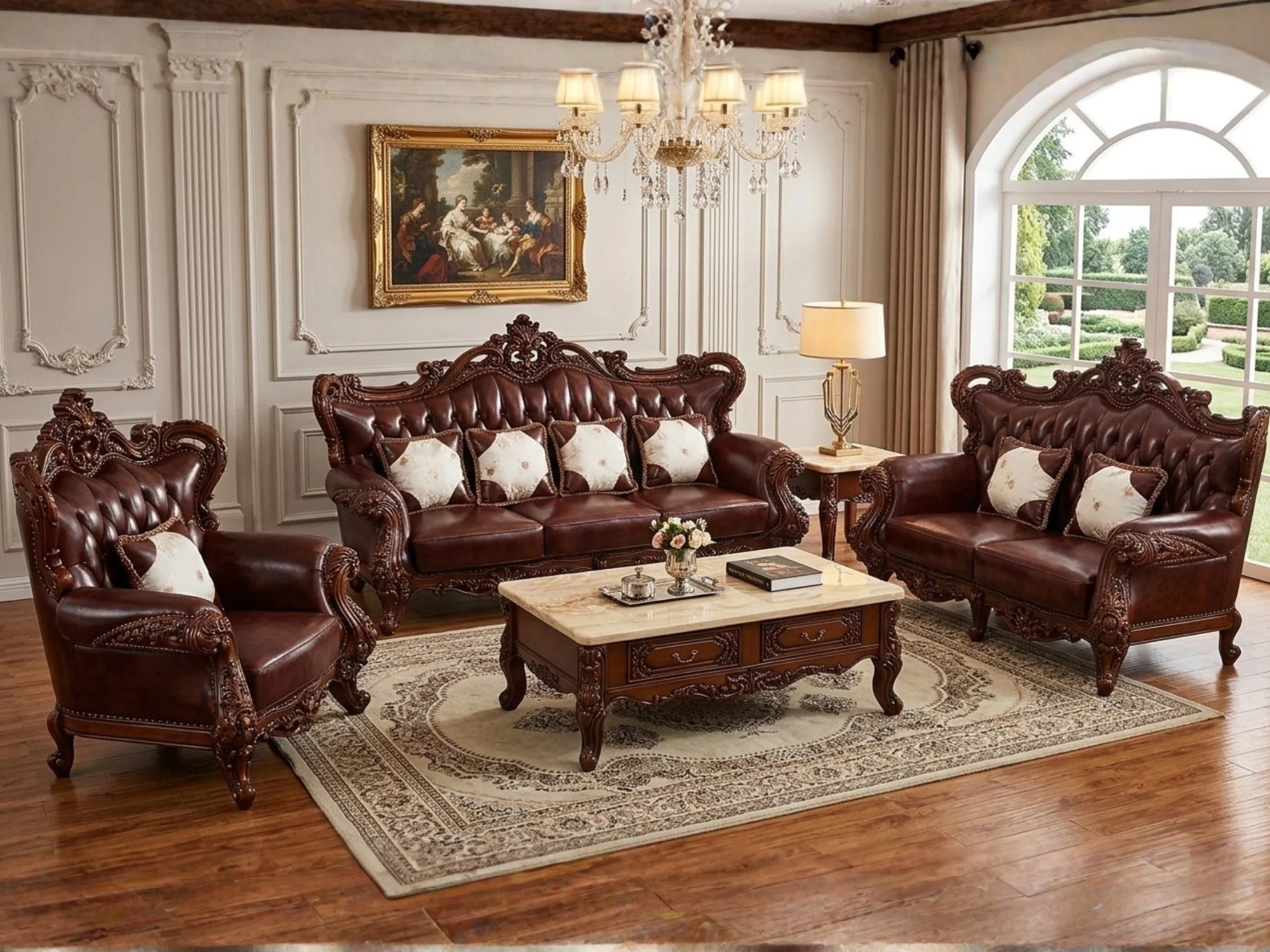 Toàn bộ không gian phòng khách với bộ sofa tân cổ điển SB919GG-123 màu nâu da bò, bao gồm ghế băng ba, ghế băng đôi và ghế…