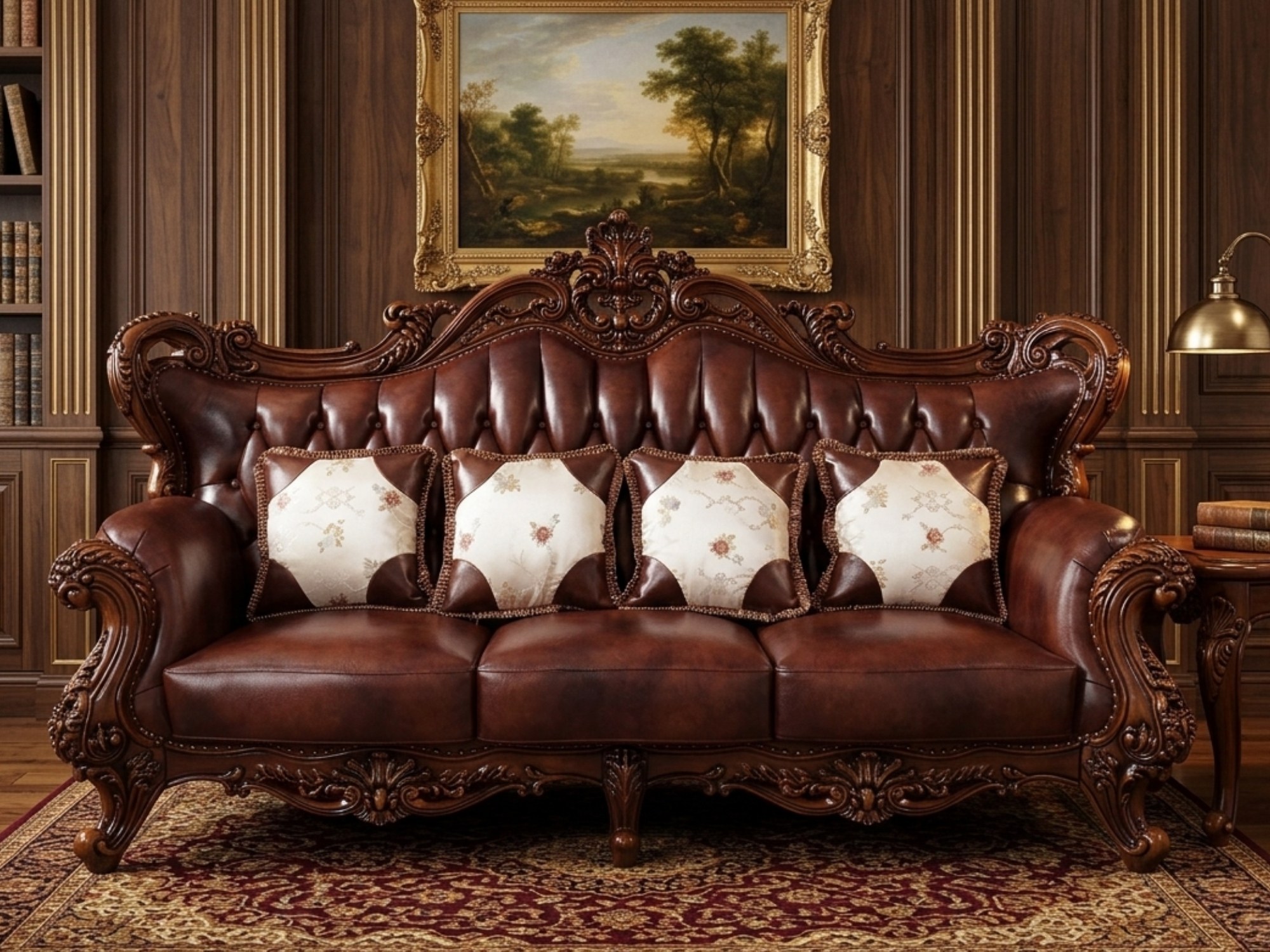 Ghế sofa băng ba SB919GG-123 chụp chính diện, nổi bật với lớp da bò tự nhiên màu nâu bóng và các đường nét chạm khắc gỗ Sồ…