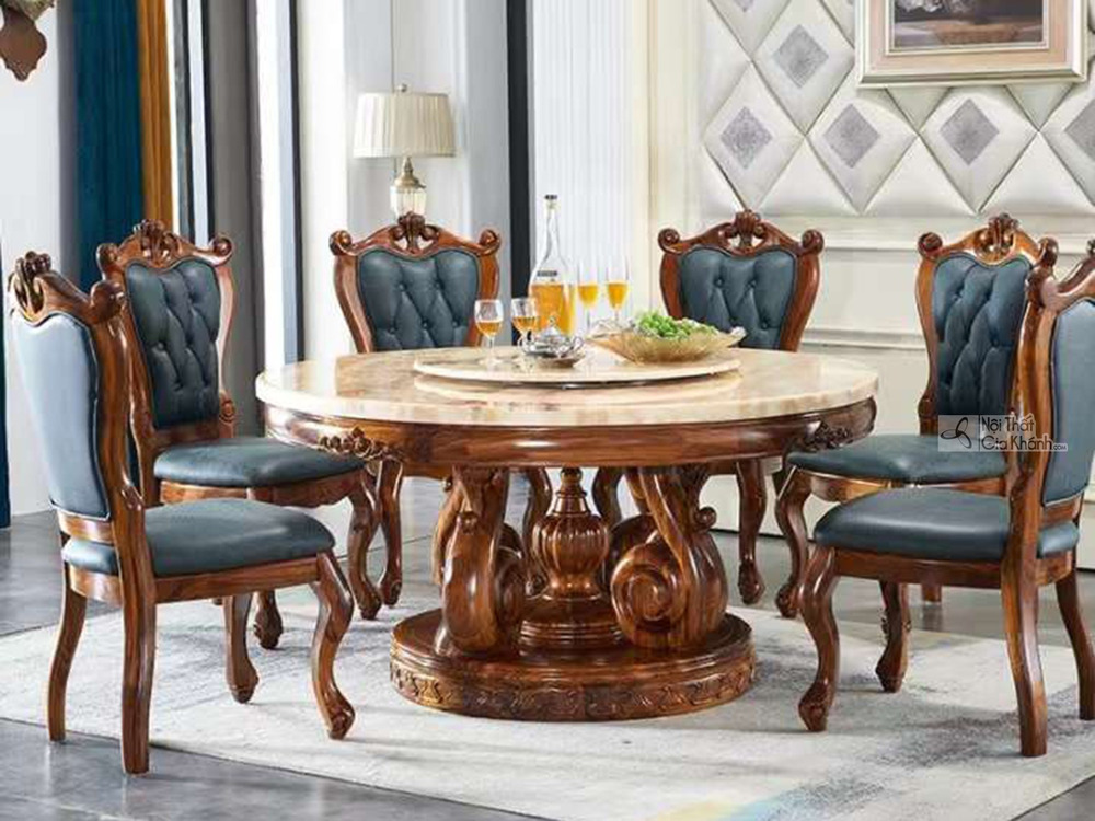 Bàn ăn tròn gỗ mun mặt đá cẩm thạch tân cổ điển tại showroom Nội Thất Gia Khánh