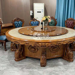 Bàn ăn tròn lớn BA02-22 phong cách tân cổ điển, khung gỗ mun Nam Phi chạm khắc hoa văn tinh xảo, mặt bàn đá cẩm thạch tự n…