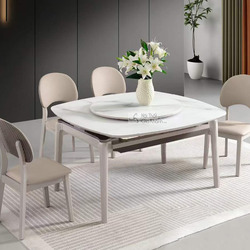 Bộ bàn ăn thông minh BA102-13 được chụp từ góc hơi chếch, cho thấy mặt bàn đá phiến hình chữ nhật bo tròn màu trắng vân mâ…