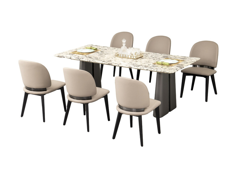 Bộ bàn ăn hiện đại gồm bàn mặt đá chữ nhật và 6 ghế ăn bọc da/nỉ màu be, chụp từ góc cao trên nền trắng. Mặt bàn đá vân tự…