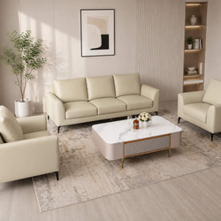 Toàn cảnh bộ sofa E001-113 da Nano màu kem nhạt, bao gồm ghế băng 3, ghế băng 1 và ghế đơn, được sắp xếp gọn gàng trong ph…